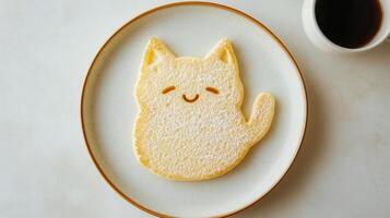A cat shaped pancake on a plate with a cup of coffee photo