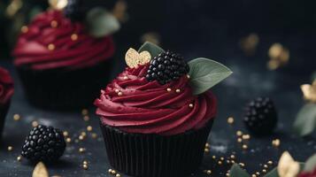 Blackberry cupcakes with gold leafs on dark background photo