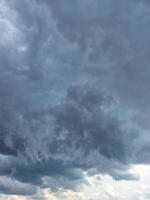 Dramatic Storm sky with dark blue and grey cumulus. Rainy clouds background texture. Just before the heavy rain or thunderstorm. dramatic dark clouds in the sky. Beautiful landscape with cloud photo