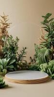 A round table with plants and a glass dome photo