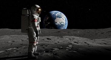 Lone astronaut contemplates distant earth on lunar surface under starry sky during space exploration mission photo