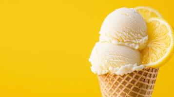 Ice cream with lemon slices on yellow background photo