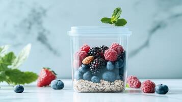 Berries and oats in a plastic container on a white background photo