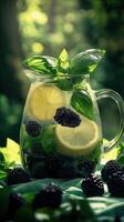 Backyard Pitcher of Tart Blackberry Lemonade and Aromatic Basil photo