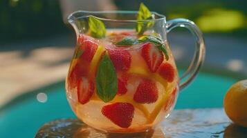 Barbecue Pitcher Drink Featuring Basil and Strawberry Lemonade photo