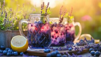 Blueberry Lavender Lemonade Served at a Vintage Garden Table photo