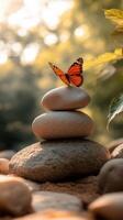 Calming Stone Cairn Balanced with Subtle Butterfly Touch photo