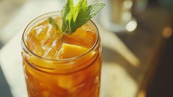 Chilled Summer Peach Tea with Invigorating Mint Leaves photo