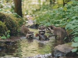 Clever Raccoon Family Demonstrates Skillful Food Techniques photo