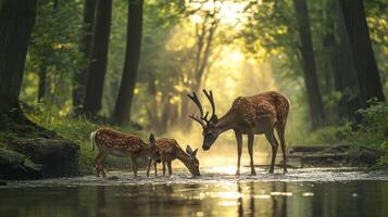 Elegant Woodland Creatures Drinking By Smoky Water photo