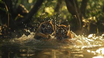 Energetic Tiger Youth Resting In Green Woods photo