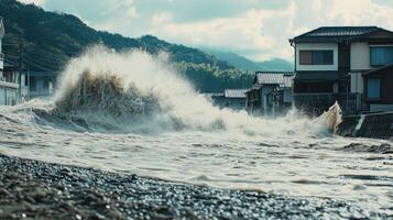 Enormous Water Barrier Marching Across Summertime Beach photo