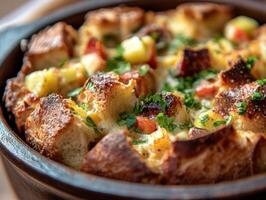 Fresh Summer Bread Pudding with Chopped Herbs and Seasonal Veggies photo