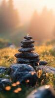 Gentle Cairn Construction Featuring Tranquil Morning Dew Visuals photo