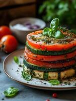 Gourmet Napoleon Stack Featuring Summer Vegetable Herbs photo