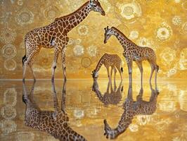 Giraffes Hydrating As A Group Beneath Hot Sun photo
