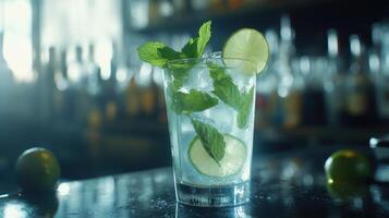 Ice Cold Mojito Cocktail with Mint and Lime Twist photo