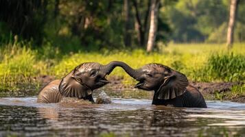 Juvenile Elephants Developing Adaptive Trunk Control Abilities photo