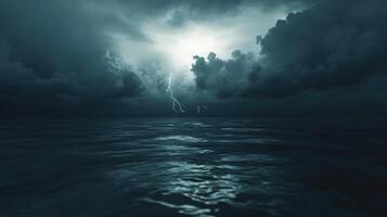 Midnight Lightning Clashing With Dark Ocean Waves photo