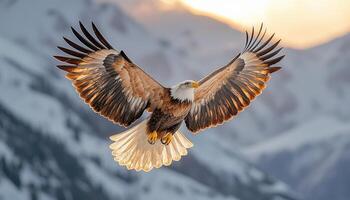 Majestic Bald Eagle Soaring Above Snowy Mountains photo