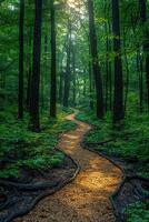 Sunlit Forest Path Through Lush Green Trees photo