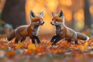 Two Red Fox Kits Playing in Autumn Leaves photo