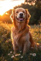A dog sitting in a field of flowers at sunset photo