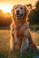 A golden retriever sitting in a field photo
