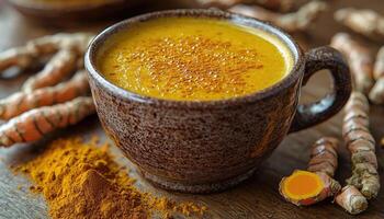 Turmeric Latte in Earthenware Mug with Roots photo