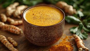 Golden Turmeric Latte in Rustic Bowl with Roots photo