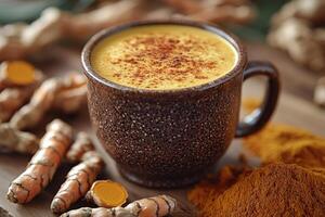 Golden Turmeric Latte in a Dark Mug photo