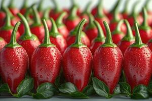 Dewy Red Chili Peppers Arranged In Rows photo