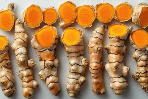 Turmeric Roots Sliced and Arranged for Display photo