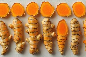 Turmeric Roots and Slices Arranged in Rows photo