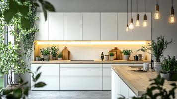 Modern Minimalist Kitchen Design With Abundant Greenery photo