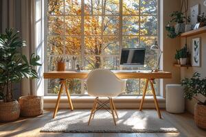 Autumnal Workspace Near Window With Plants And Computer photo
