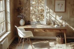 Sunlit Rustic Wooden Desk Workspace With Chair photo
