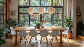 Wooden Dining Table With White Chairs Garden View photo