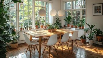 Sunlit Dining Room With Wooden Table Plants And Chairs photo