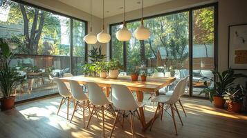 Sunlit Dining Room With Modern Wooden Table And White Chairs photo