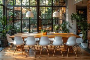 Modern Dining Room With Wooden Table And White Chairs photo