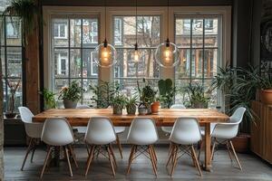 Rustic Dining Room With Plants And Pendant Lights photo