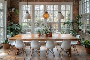 Rustic dining room with wooden table and plants photo