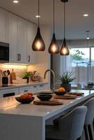 Modern Kitchen Island with Pendant Lighting and Seating photo
