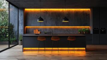 Modern Kitchen Island With Warm Lighting And Concrete Walls photo