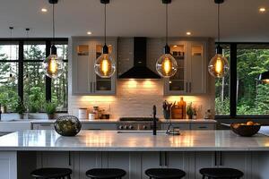 Modern Kitchen Island with Pendant Lights and Forest View photo