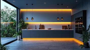 Modern Kitchen Design with Warm Lighting and Tropical View photo