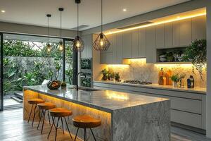Modern Kitchen Island with Granite Countertops and Tropical View photo