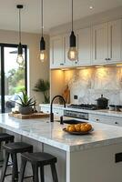 Modern Kitchen Island with Pendant Lighting and Marble Countertop photo