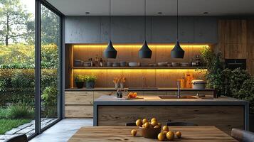 Modern kitchen design with wood and concrete features photo